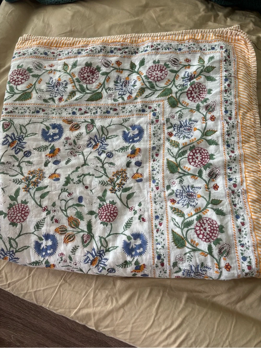 Anthropologie Style 100% Cotton Floral Block-Print King Quilt